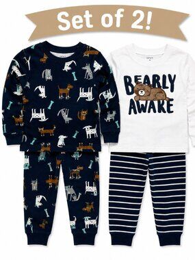 NWT Carter's Toddler Boy Pajamas Set of 2 Size 3T Bearly Awake Dog Print PJ Sets